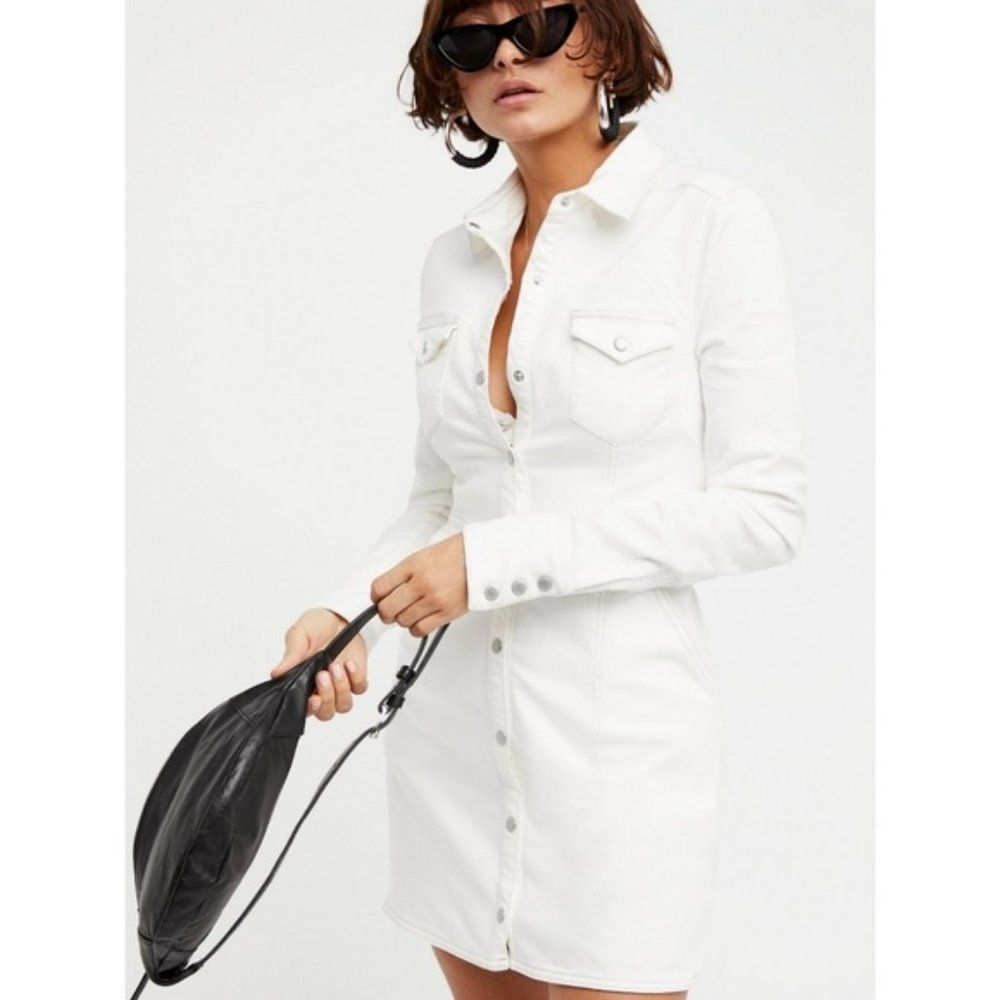 Free People White Denim Mini Dress with Long Sleeves and Collar - Size L